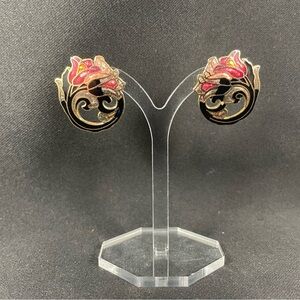 Multicoloured Cloisonné Enamel Tulips on Gold Tone Earrings